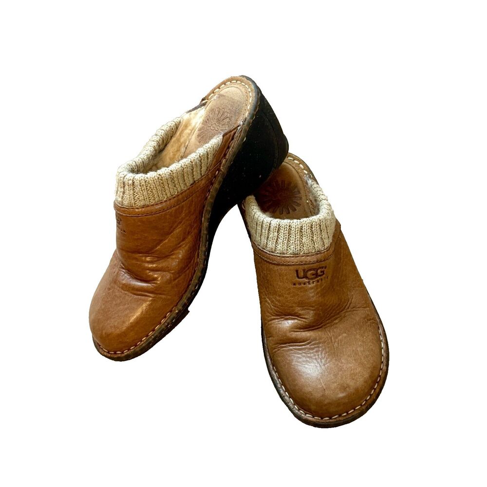 UGG Tan Leather Mules with Knit Cuff